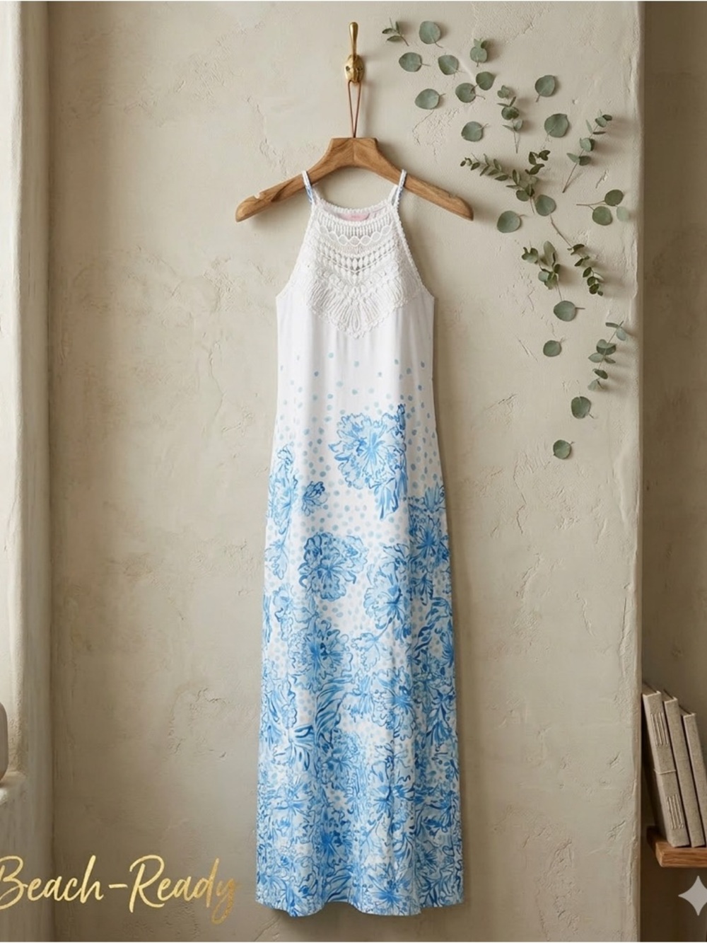 Lilly Pulitzer Pearl Halter Maxi Dress Resort White Karma Camellia Blue 4